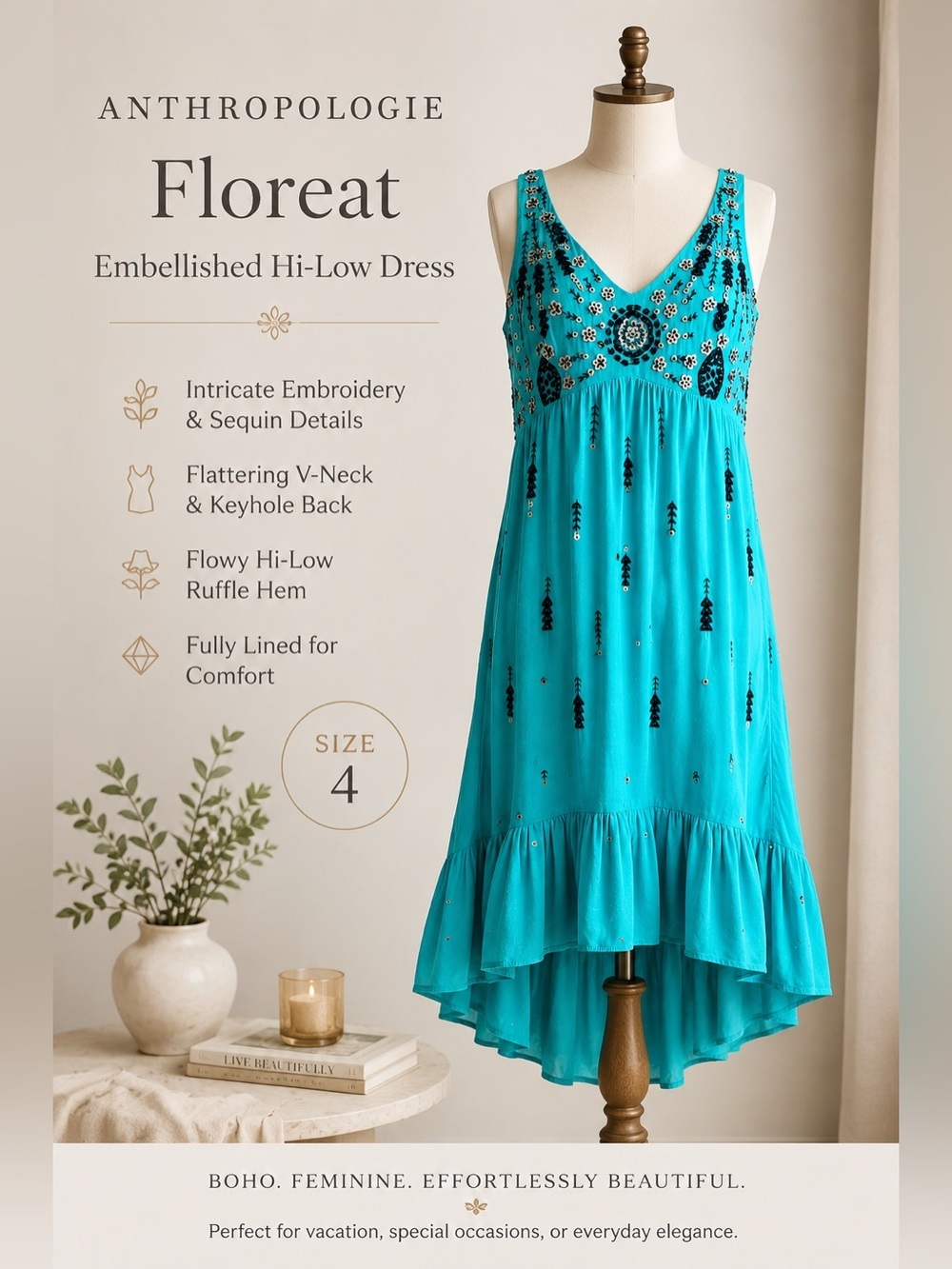 Anthropologie Floreat Embellished Hi-Low Dress Turquoise Sequin Embroidered Boho